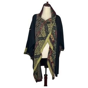 Vintage Women's Ikat Poncho Shawl L XL Black Cotton Kimono Artisan Indonesia